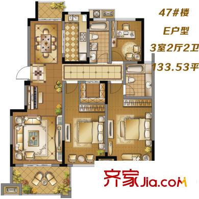 濱江麗都橋語(yǔ)47#樓E戶型 3室2廳2衛(wèi)1廚