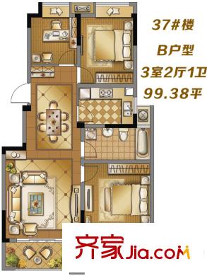 濱江麗都橋語(yǔ)37#樓B戶型 3室2廳1衛(wèi)1廚