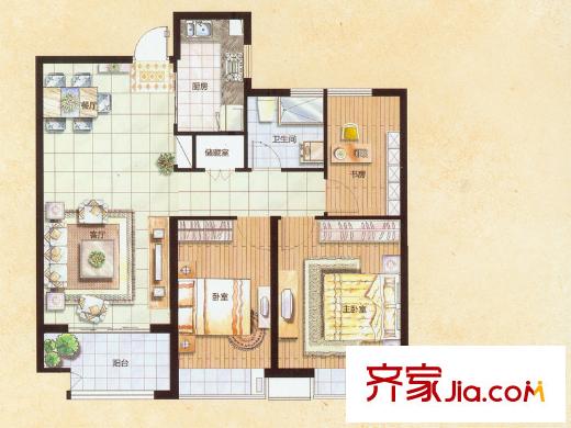 山景水岸11#、12#樓A2戶型 3室2廳1衛(wèi)1廚