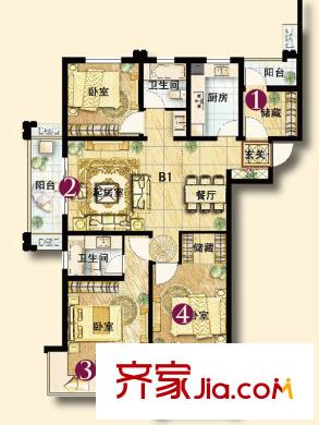 保利香檳國際2、3、8、9、10#樓B1戶型圖 4室2廳2衛(wèi)1廚