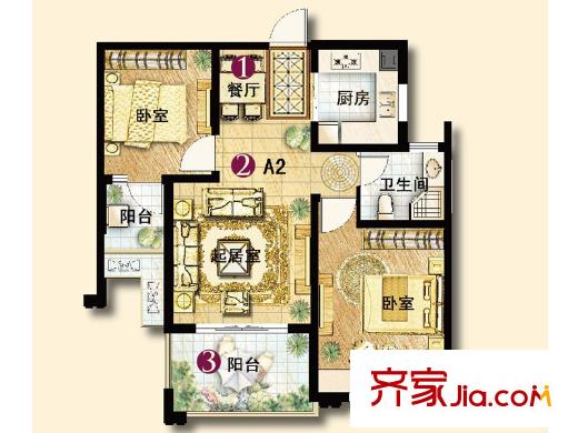 保利香檳國際1#和11#樓A2戶型圖 2室2廳1衛(wèi)1廚