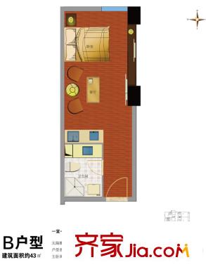 通商華富國(guó)際廣場(chǎng)酒店式公寓B戶型 1室1廳1衛(wèi)1廚