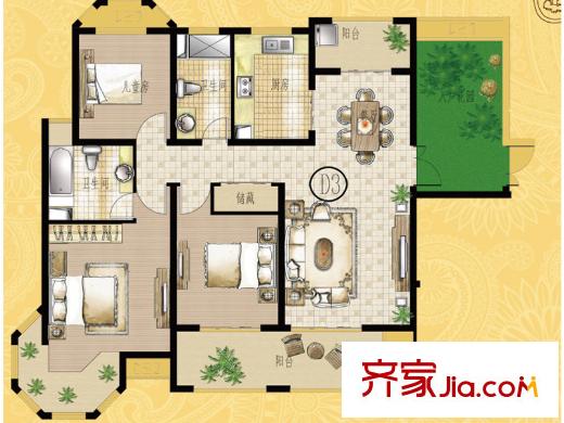 海門中南世紀錦城141平米B戶型圖 4室2廳2衛(wèi)1廚