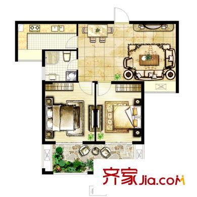 駿和棕櫚灣5#朝南中間戶A2戶型 2室2廳1衛(wèi)1廚
