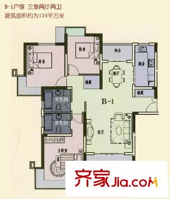 蘇建學(xué)府雅居B-1戶型 3室2廳2衛(wèi)1廚