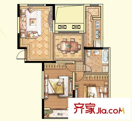 德民旺角C1#樓C3戶型 2室2廳1衛(wèi)1廚