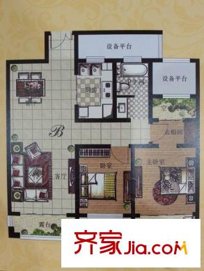 中成1號花園1#-8#中間戶B戶型 2室2廳1衛(wèi)1廚
