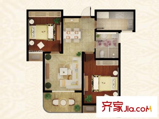 富都豪園8#9#樓B1戶型 2室2廳1衛(wèi)1廚