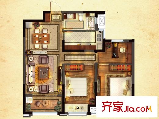 優(yōu)山美地名邸30#樓B2戶型（售完） 2室2廳1衛(wèi)1廚