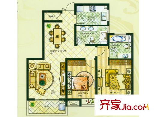 江城逸品1#2#3#T-3戶型 2室2廳2衛(wèi)1廚