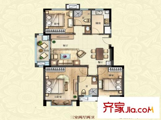 五洲幸福灣二期5#7#號(hào)樓J戶型 3室2廳2衛(wèi)