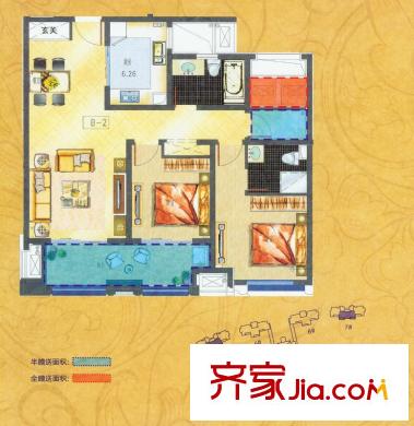 五洲御錦城2#、4#、7#中間B2戶型 3室2廳2衛(wèi)1廚