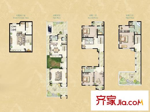 證大滿庭芳三期聯(lián)排A1戶型 4室4廳4衛(wèi)1廚