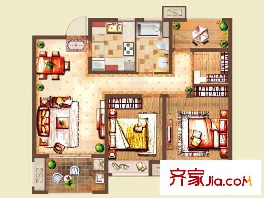 新城香溢紫郡一期1#2#3#號樓F戶型 3室2廳1衛(wèi)1廚