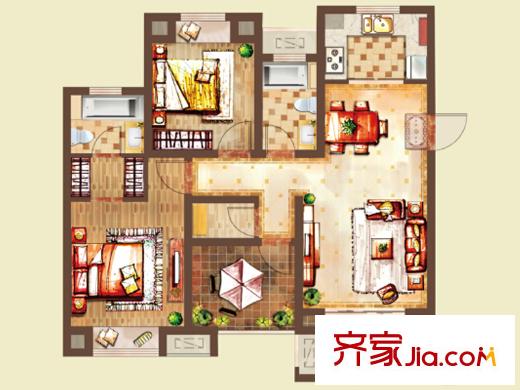 新城香溢紫郡一期1#2#3#號樓H戶型 3室2廳2衛(wèi)1廚