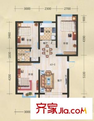 金坤?麗景水岸二期華庭91.12平米戶型圖 3室2廳1衛(wèi)1廚
