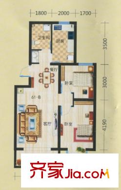金坤?麗景水岸二期蜜巢75.84平米戶型圖 2室2廳1衛(wèi)1廚