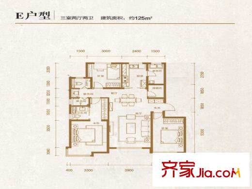 萬科金域國際戶型圖E戶型三室兩廳兩衛(wèi)125平米 3室2廳2衛(wèi)1廚