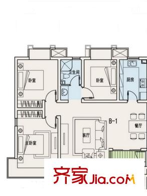 雅山郡B-1戶型三室兩廳一衛(wèi)一廚76.93平 3室2廳1衛(wèi)1廚