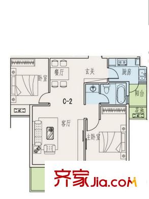 雅山郡C-2戶型三室兩廳一廚一衛(wèi)80.50平 3室2廳1衛(wèi)1廚