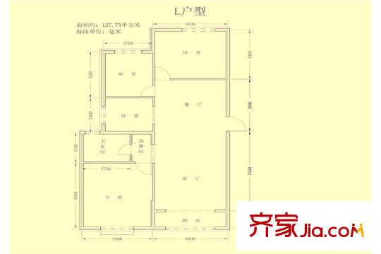 力鼎新城L戶型3室2廳1廚1衛(wèi)127.75平方米 3室2廳1衛(wèi)1廚