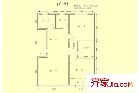 力鼎新城H戶型3室2廳1廚1衛(wèi)113.3平方米 3室2廳1衛(wèi)1廚