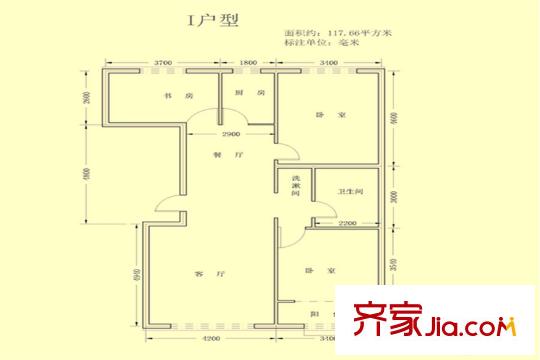 力鼎新城I戶型3室2廳1廚1衛(wèi)117.66平方米 3室2廳1衛(wèi)1廚