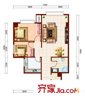 魯達國際E戶型2室2廳1衛(wèi)1廚63.61平 2室2廳1衛(wèi)1廚