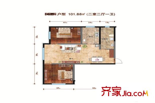金億源?上北陽光C1-2戶型101.88平方米兩室兩廳一衛(wèi) 2室2廳1衛(wèi)1廚