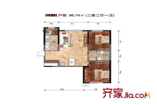 金億源?上北陽光C1戶型96.74平方米兩室兩廳一衛(wèi) 2室2廳1衛(wèi)1廚