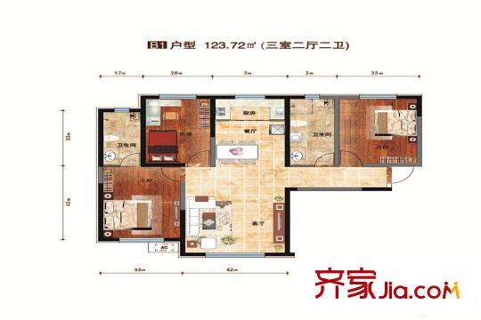 金億源?上北陽光B1戶型123.72平方米三室兩廳兩衛(wèi) 3室2廳2衛(wèi)1廚