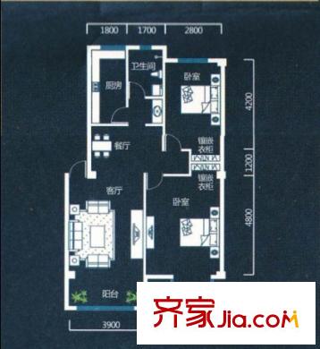 金科寬庭標(biāo)準(zhǔn)層B戶型兩室兩廳一衛(wèi)一廚91.62平 2室2廳1衛(wèi)1廚