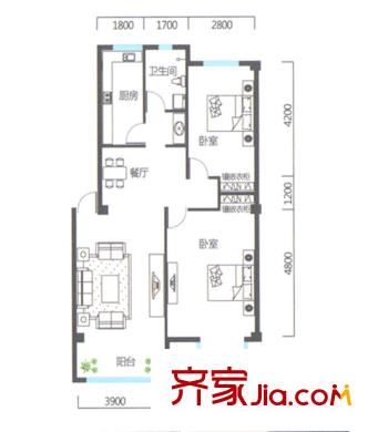 金科寬庭標(biāo)準(zhǔn)層B戶型兩室兩廳一衛(wèi)一廚91.62平 2室2廳1衛(wèi)1廚