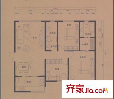 美好尚郡標(biāo)準(zhǔn)層B3戶型三室兩廳兩衛(wèi)一廚121.59平 3室2廳2衛(wèi)1廚