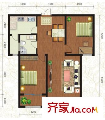 桃源九點(diǎn)陽(yáng)光標(biāo)準(zhǔn)層兩梯四戶G8戶型 2室2廳1衛(wèi)1廚