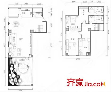 果嶺新天地260平方米戶型圖 4室3廳2衛(wèi)1廚