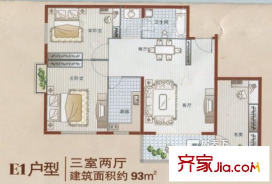 博洋尚品E1戶型3室2廳1衛(wèi)1廚93平 3室2廳1衛(wèi)1廚