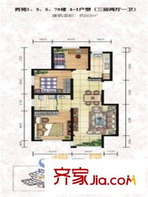 和諧牡丹園A-1戶型三室兩廳一廚一衛(wèi)90平 3室2廳1衛(wèi)1廚