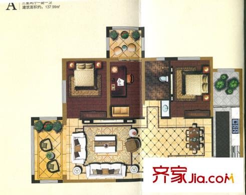 7號國際公館標(biāo)準(zhǔn)層A戶型圖 3室2廳1衛(wèi)1廚
