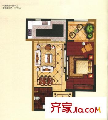 7號(hào)國(guó)際公館標(biāo)準(zhǔn)層F戶型圖 1室2廳1衛(wèi)1廚