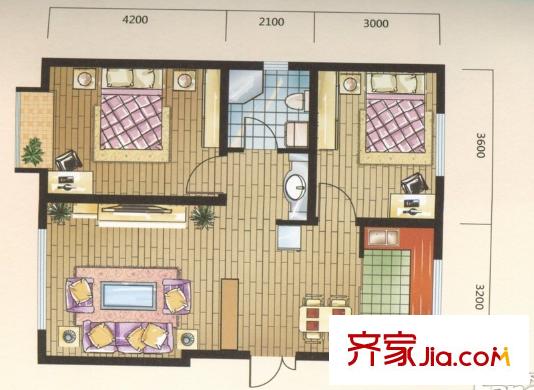 美克嘉翔閣2號樓A戶型圖 2室2廳1衛(wèi)1廚
