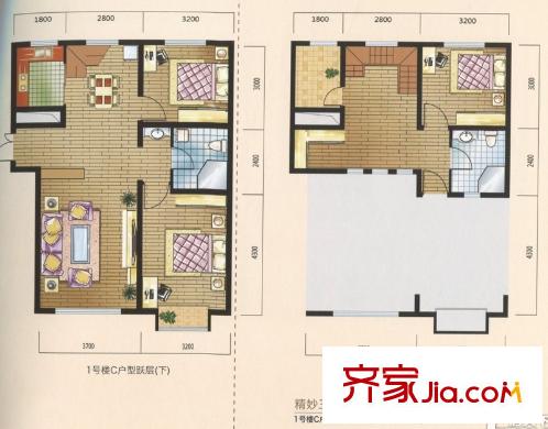 美克嘉翔閣1號樓C戶型躍層戶型圖 4室3廳2衛(wèi)1廚