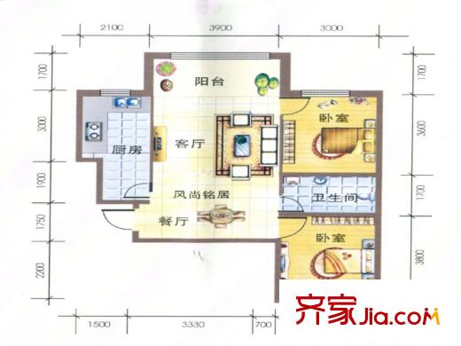 海棠銘居2室2廳1衛(wèi)85.03平方米 2室2廳1衛(wèi)1廚