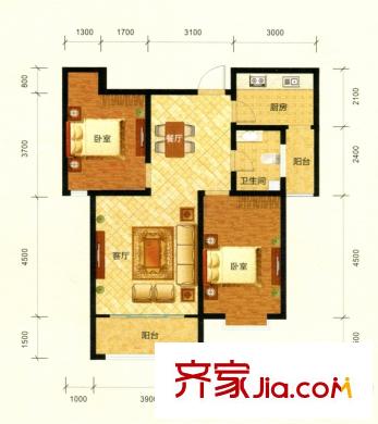 紫煜臻城B1戶型兩室兩廳一廚一衛(wèi)88.15平 2室2廳1衛(wèi)1廚