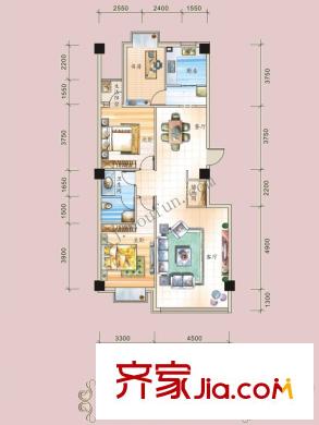 錦鯉公館122.54平米戶型圖 3室2廳1衛(wèi)1廚