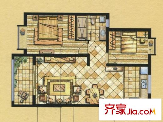 世界名筑三期兩室兩廳一衛(wèi)91平米戶型圖