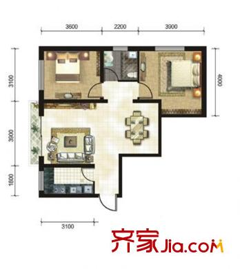 天然理想城二期E1戶型兩室兩廳一衛(wèi)一廚 2室2廳1衛(wèi)1廚