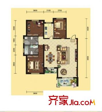 天然理想城二期A1-2戶型三室兩廳兩衛(wèi)一廚 3室2廳2衛(wèi)1廚