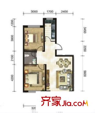 天然理想城二期B1/B2戶型兩室兩廳一衛(wèi)一廚 2室2廳1衛(wèi)1廚