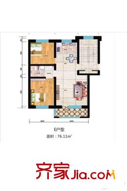 天佑?桃源新城E戶型 兩室兩廳一衛(wèi) 76.11平方米 2室2廳1衛(wèi)1廚